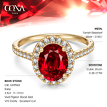 Oval Brilliant Cut Vivid Pigeon Blood Red Lab-Certified Ruby - Halo Classic Engagement Ring 14K Yellow Gold Plated (Includes GRC Certification from Gemstone Research Center)