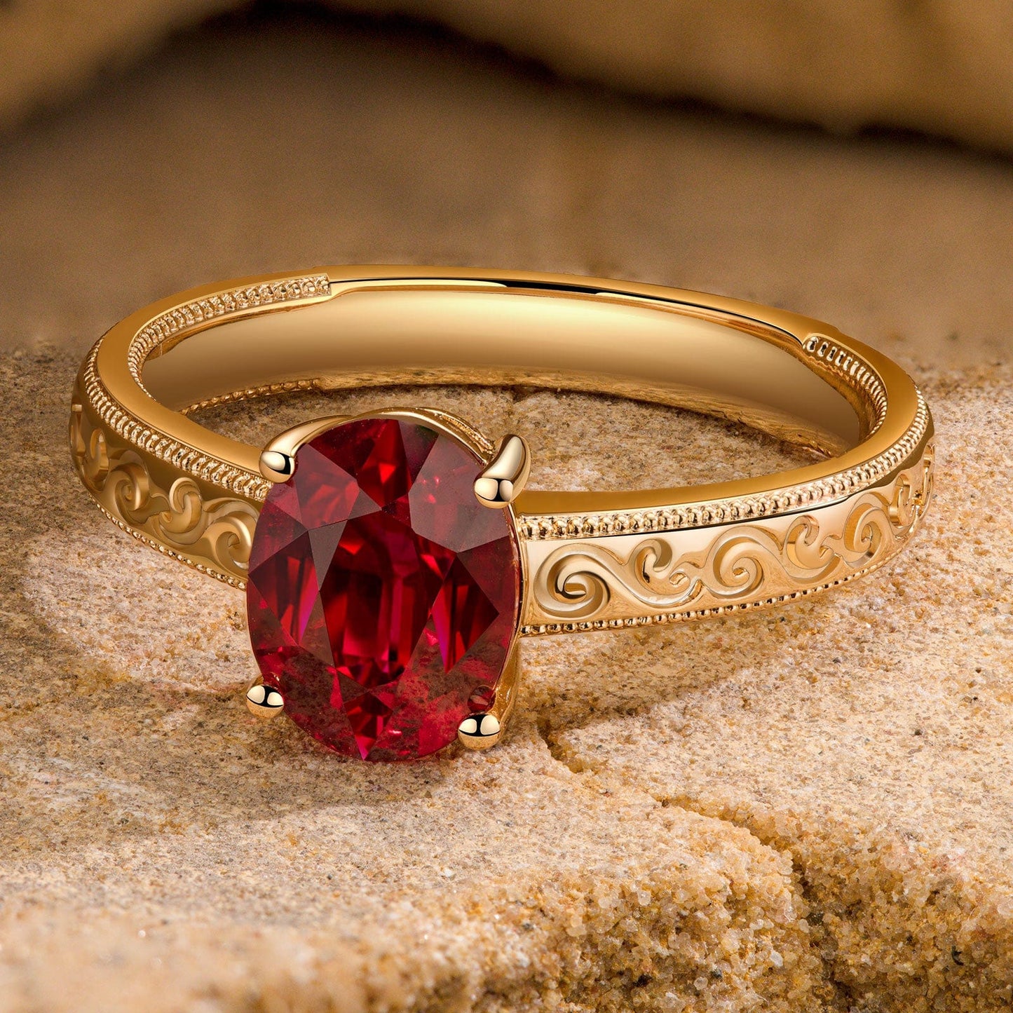 Lab-Grown Oval Brilliant Cut Ruby - Solitaire Classic Engagement Ring 14K Yellow Gold Plated