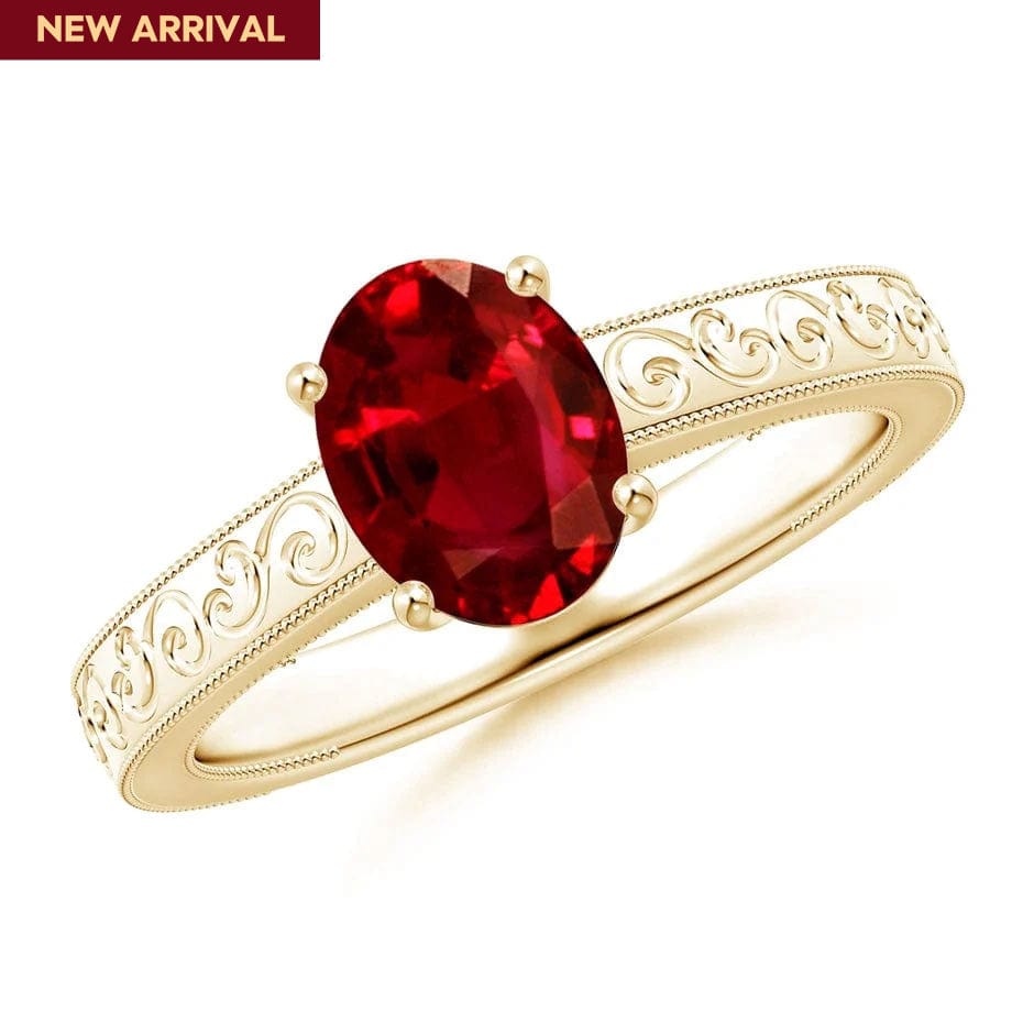 Lab-Grown Oval Brilliant Cut Ruby - Solitaire Classic Engagement Ring 14K Yellow Gold Plated