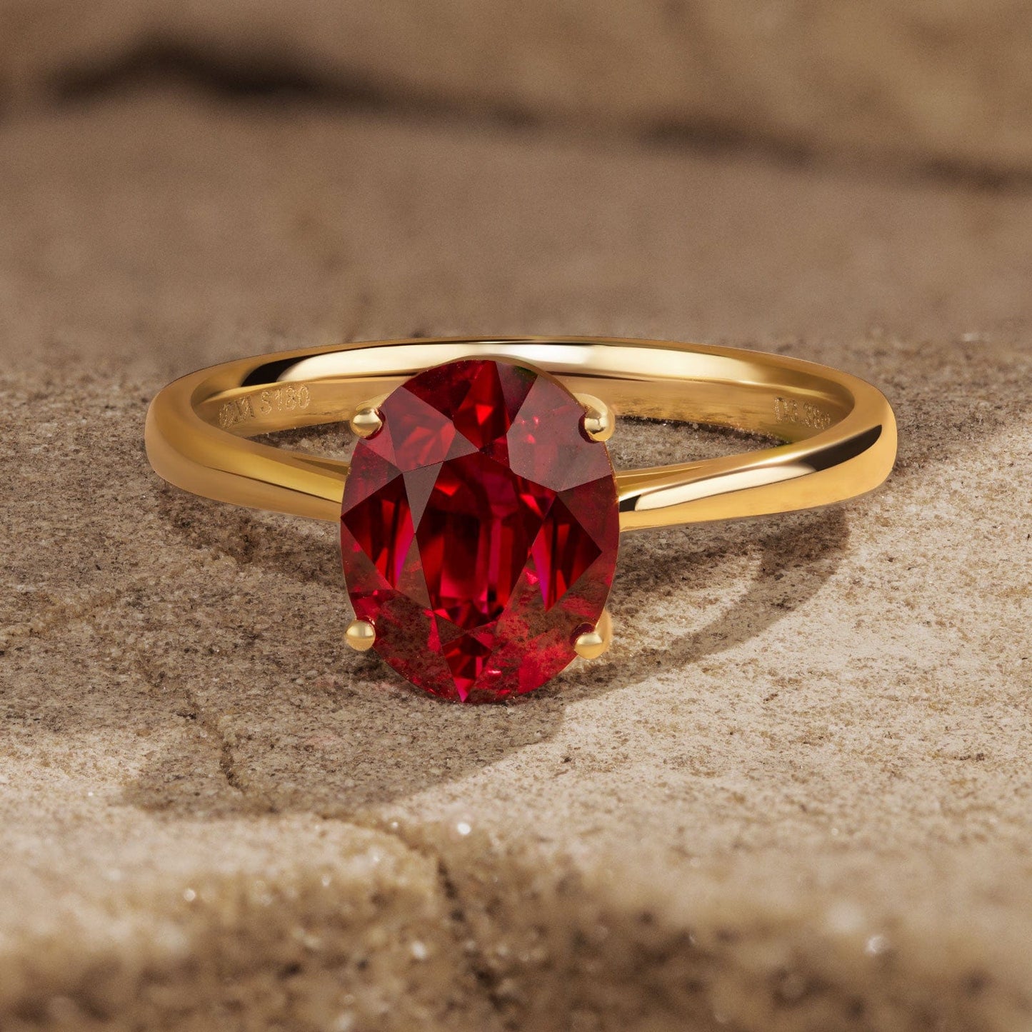 Lab-Grown Oval Brilliant Cut Ruby - Solitaire Classic Engagement Ring 14K Yellow Gold Plated