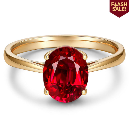 gona- Lab-Grown Oval Brilliant Cut Ruby - Solitaire Classic Engagement Ring 14K Yellow Gold Plated (Includes GRC Certification from Gemstone Research Center)