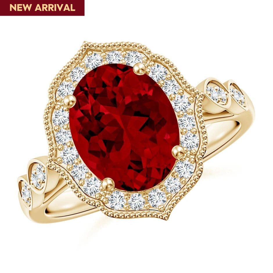 Lab-Grown Oval Brilliant Cut Ruby - Halo Classic Engagement Ring 14K Yellow Gold Plated