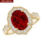 Lab-Grown Oval Brilliant Cut Ruby - Halo Classic Engagement Ring 14K Yellow Gold Plated