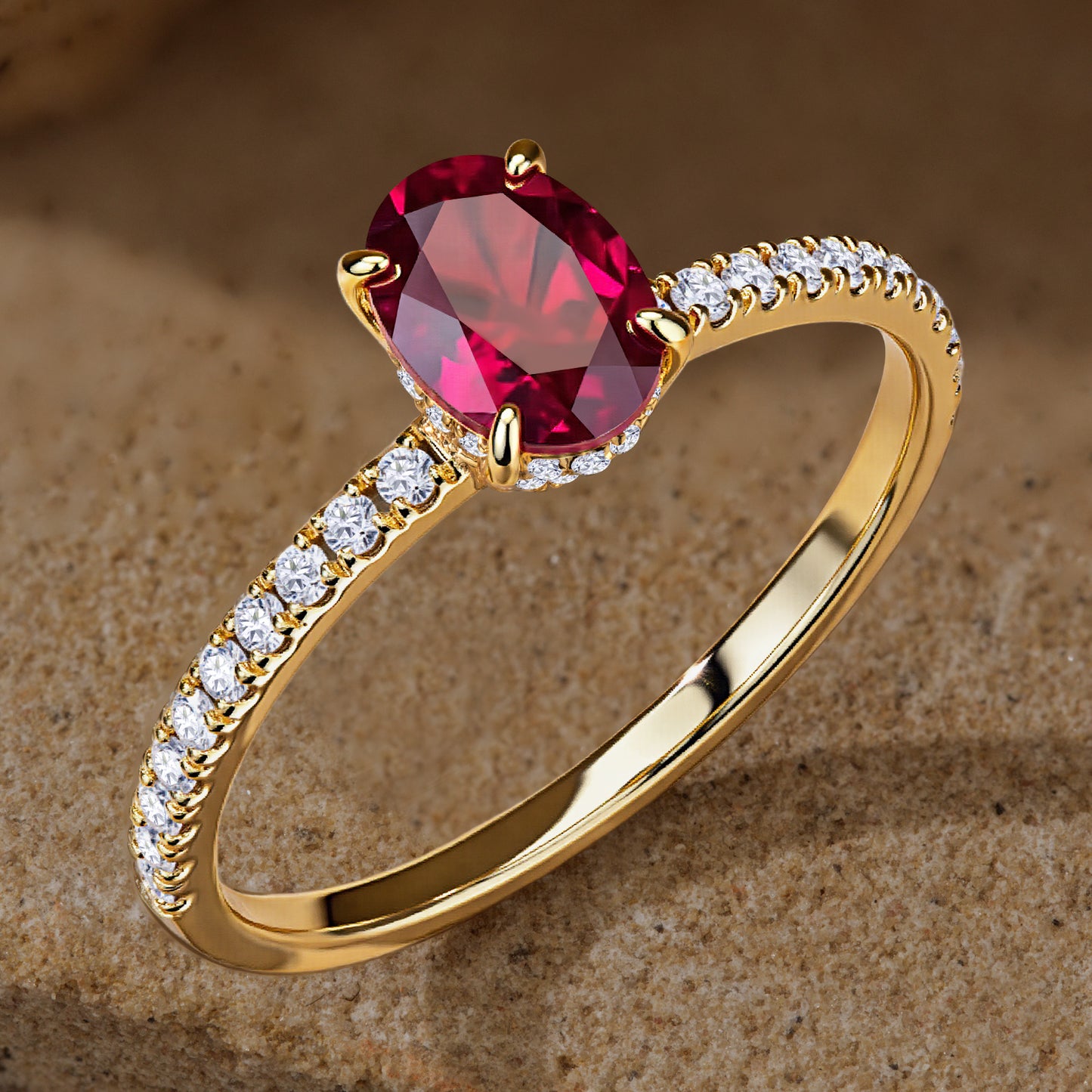 Lab-Grown Oval Brilliant Cut Ruby - Pave Classic Engagement Ring 14K Yellow Gold Plated (Includes GRC Certification from International Gemological Institute)