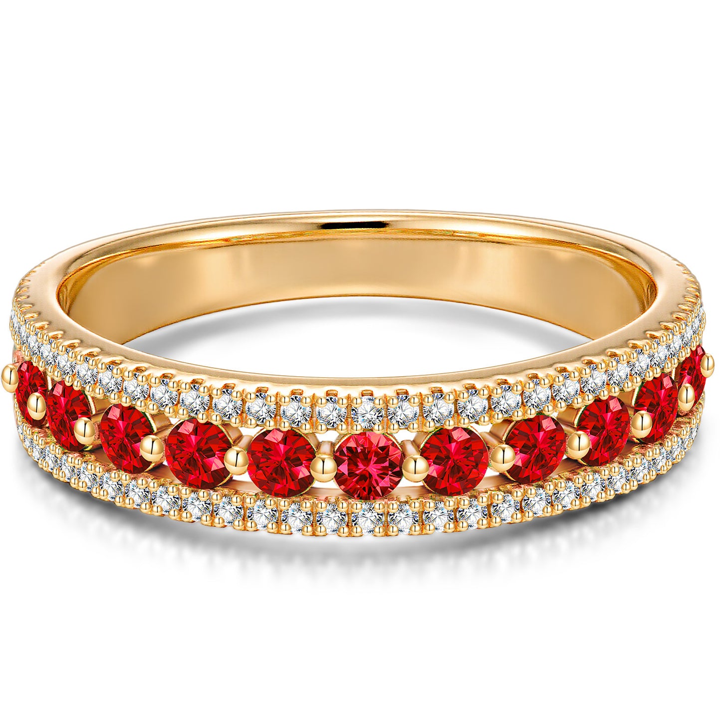 Lab-Grown Round Brilliant Cut Ruby - Half Eternity Ring 14K Yellow Gold Plated (Includes GRC Certification from International Gemological Institute)