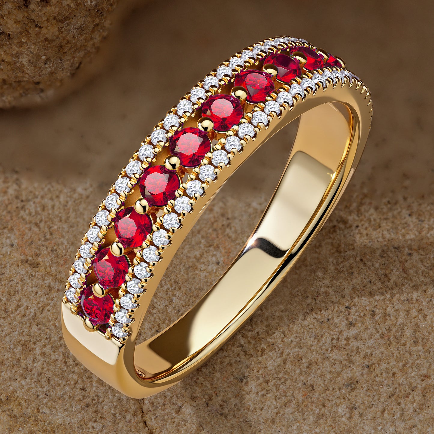 Lab-Grown Round Brilliant Cut Ruby - Half Eternity Ring 14K Yellow Gold Plated (Includes GRC Certification from International Gemological Institute)