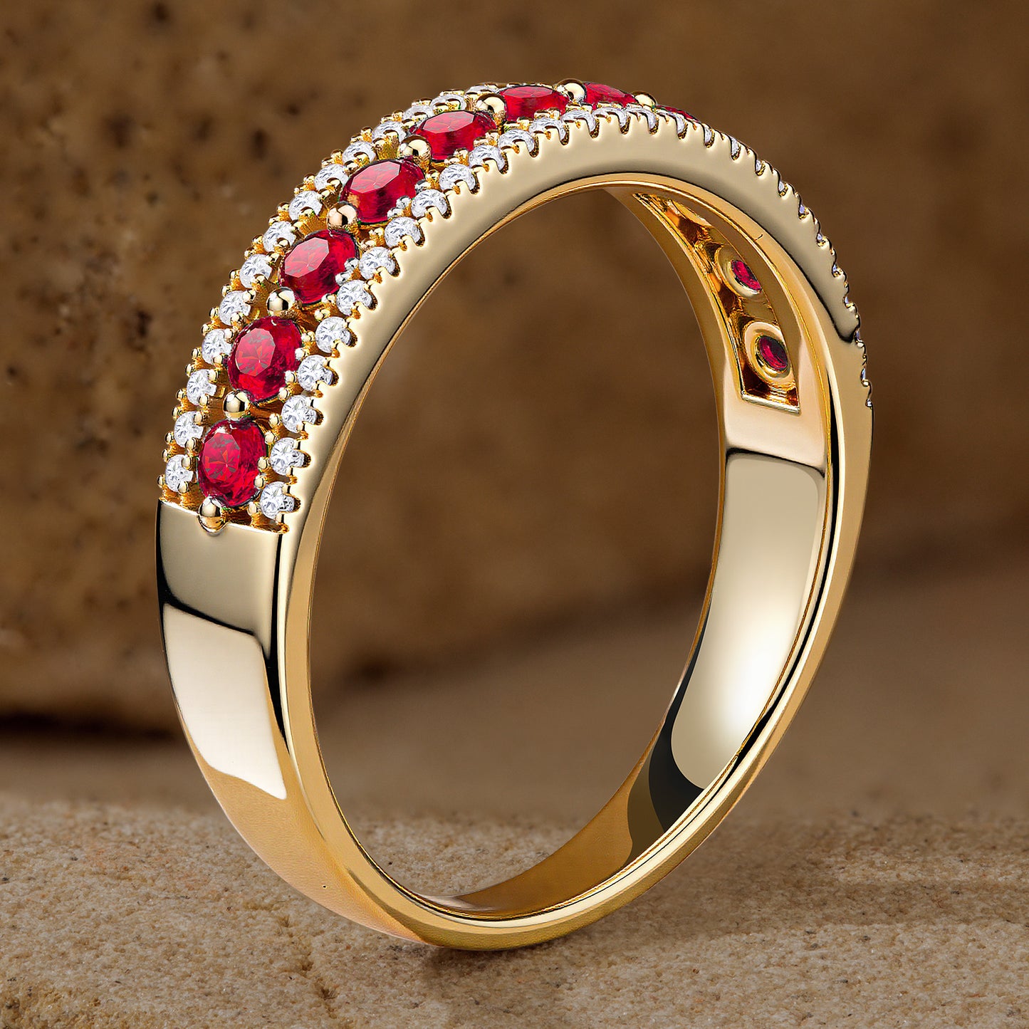 Lab-Grown Round Brilliant Cut Ruby - Half Eternity Ring 14K Yellow Gold Plated (Includes GRC Certification from International Gemological Institute)