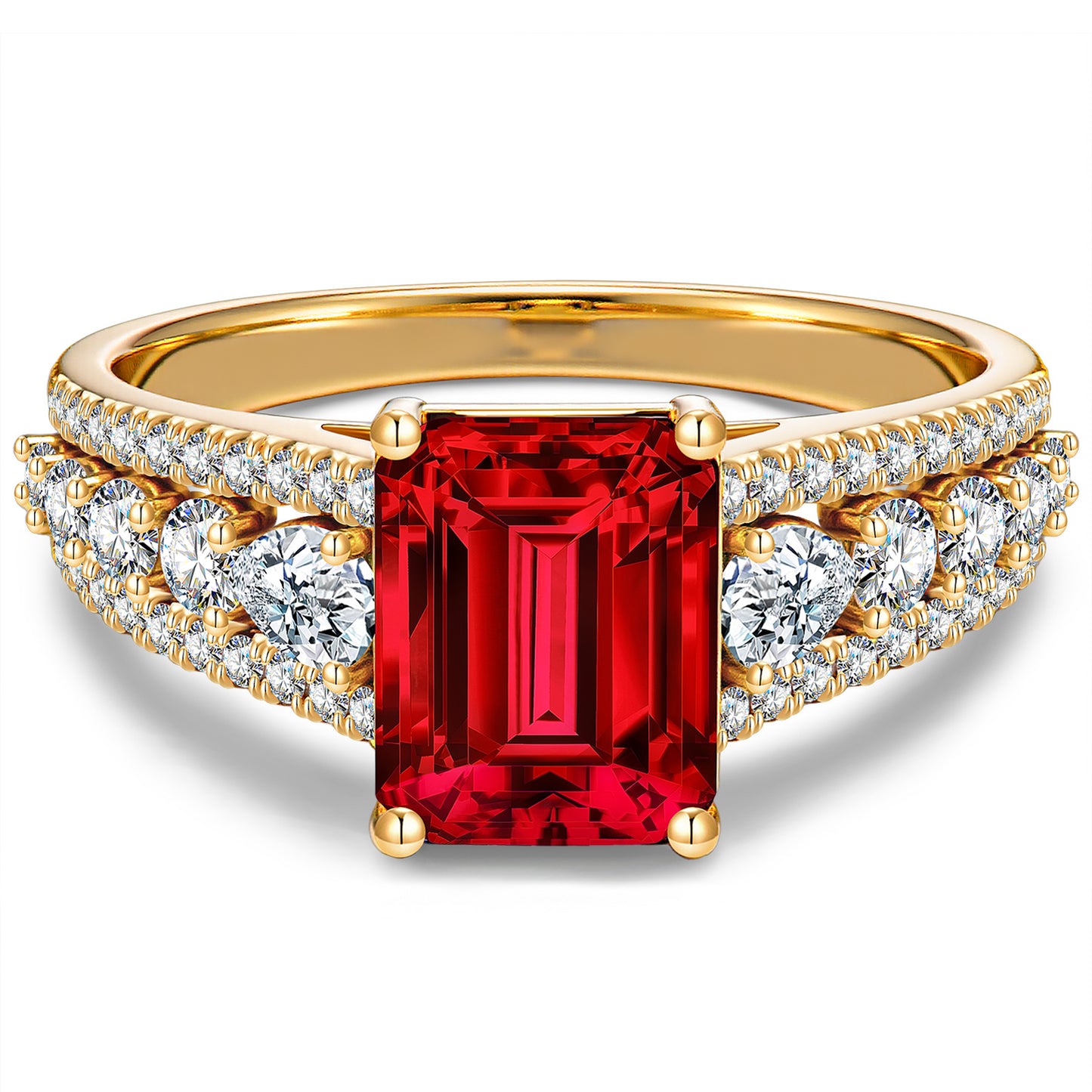 Lab-Grown Emerald-Cut Ruby - Pave Classic Engagement Ring 14K Yellow Gold Plated (Includes GRC Certification from International Gemological Institute)