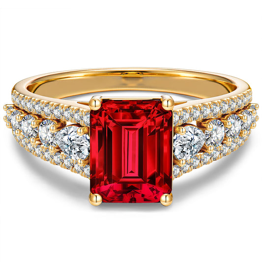 gon- Lab-Grown Emerald-Cut Ruby - Pave Classic Engagement Ring 14K Yellow Gold Plated (Includes GRC Certification from International Gemological Institute)