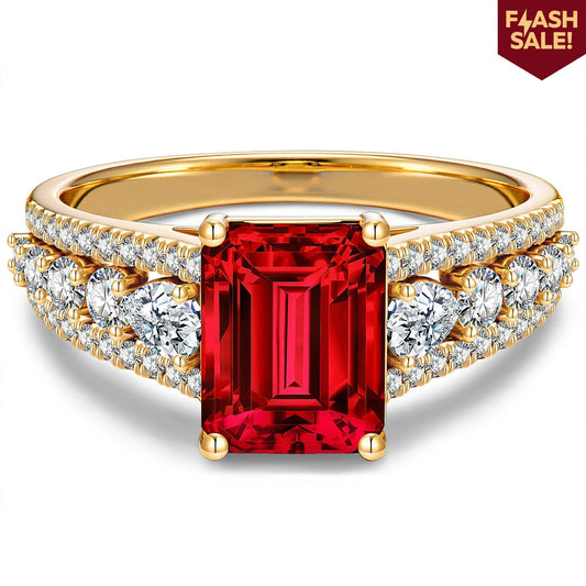 gona- Lab-Grown Emerald-Cut Ruby - Pave Classic Engagement Ring 14K Yellow Gold Plated (Includes GRC Certification from Gemstone Research Center)