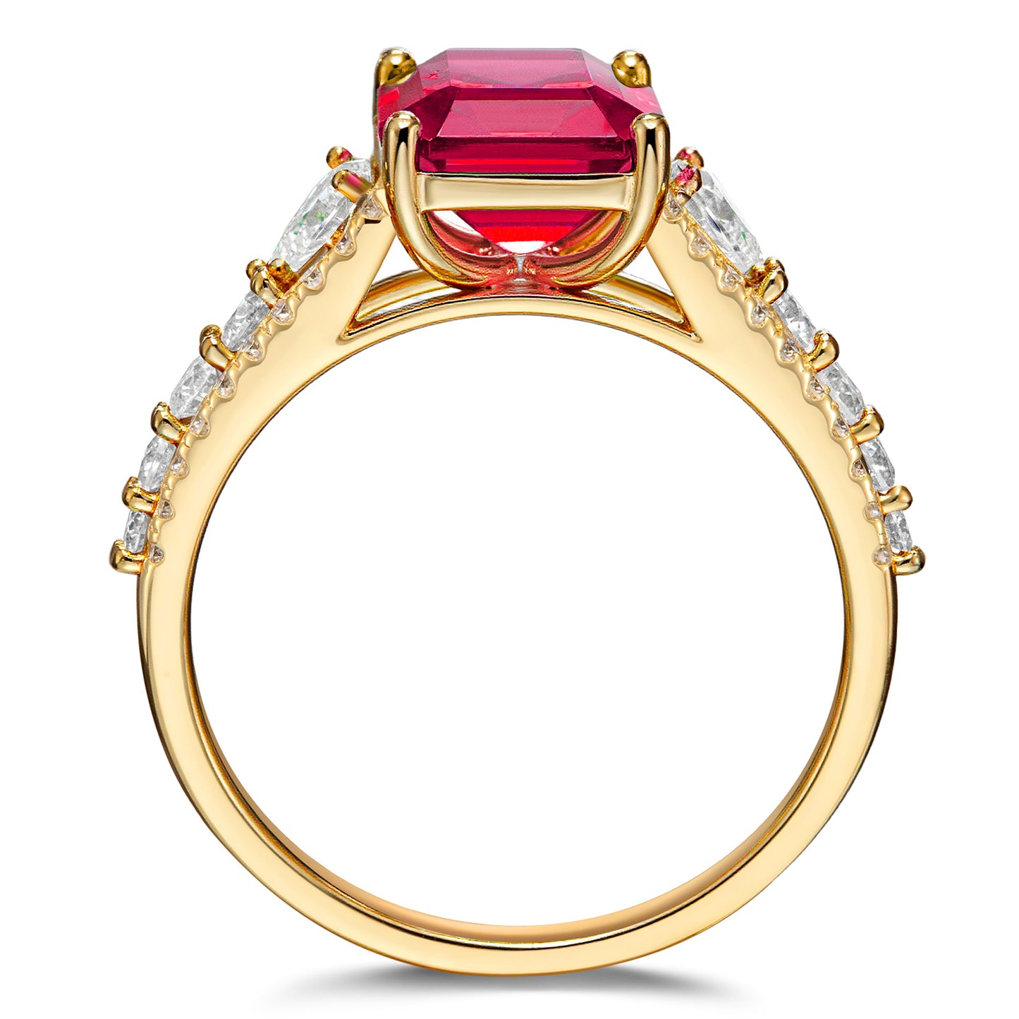 Lab-Grown Emerald-Cut Ruby - Pave Classic Engagement Ring 14K Yellow Gold Plated (Includes GRC Certification from International Gemological Institute)