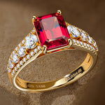 Lab-Grown Emerald-Cut Ruby - Pave Classic Engagement Ring 14K Yellow Gold Plated (Includes GRC Certification from International Gemological Institute)