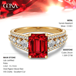 Emerald-Cut Vivid Pigeon Blood Red Lab-Certified Ruby - Pave Classic Engagement Ring 14K Yellow Gold Plated (Includes GRC Certification from Gemstone Research Center)