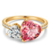 Lab-Grown Heart Brilliant Cut Dreamy Orangish-Pink Padparadscha Sapphire and Lab-Grown Heart Brilliant Cut Moissanite - Two Stone Classic Engagement Ring 14K Yellow Gold Plated (Includes GRC Certification from Gemstone Research Center)