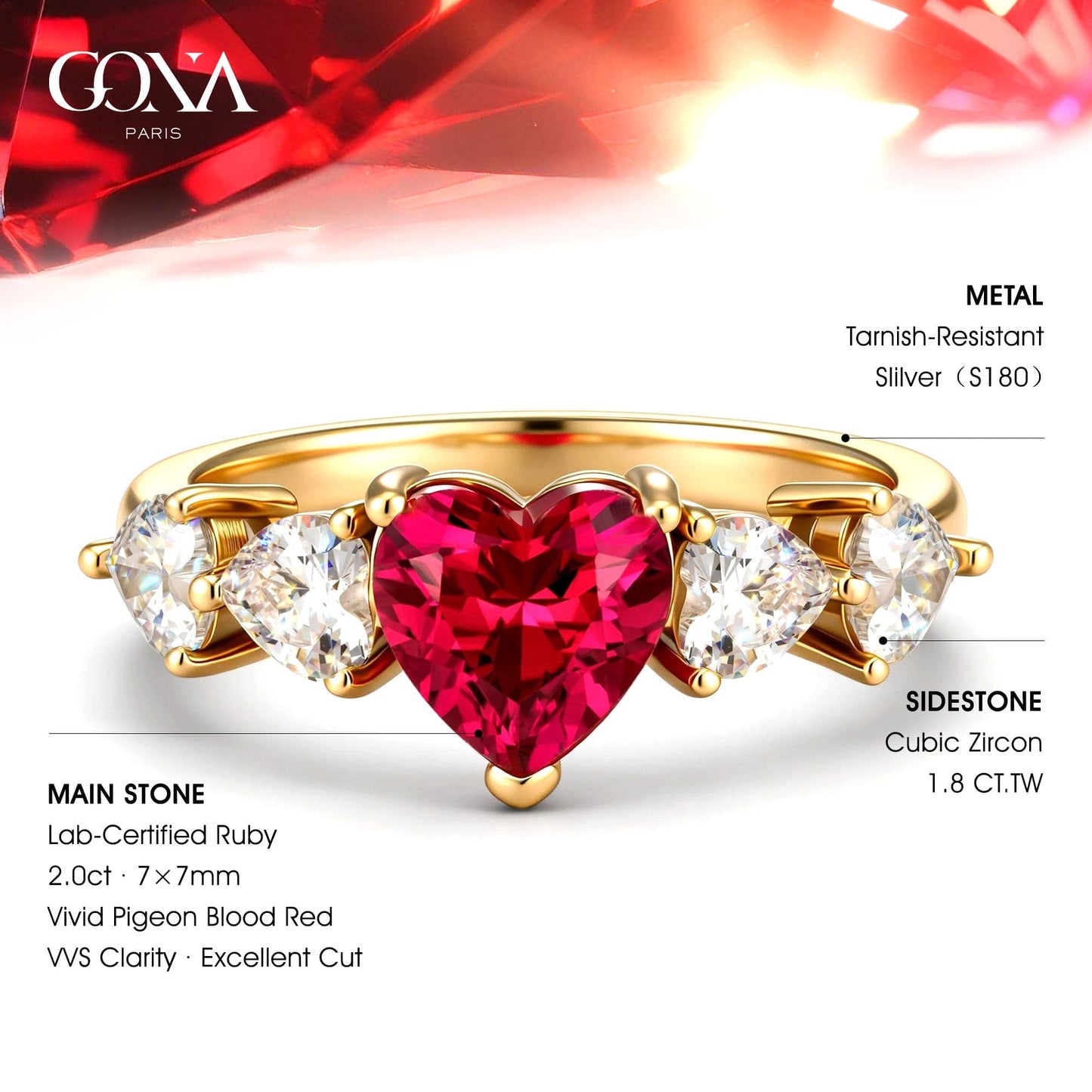 Heart Brilliant Cut Vivid Pigeon Blood Red Lab-Certified Ruby - Pave Eternal Love Engagement Ring 14K Yellow Gold Plated (Includes GRC Certification from Gemstone Research Center)