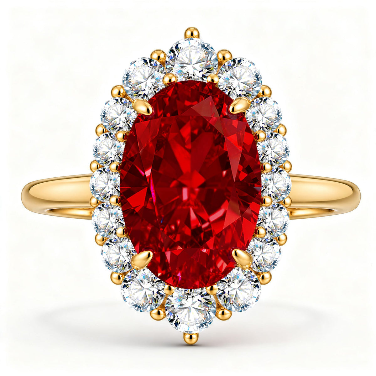 Oval Lab-Grown Ruby Halo Engagement Ring in 14K Yellow Gold Plated Silver