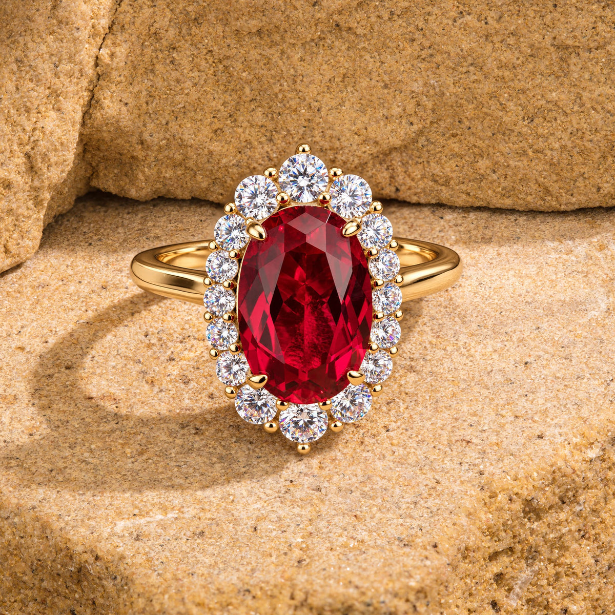 Oval Lab-Grown Ruby Halo Engagement Ring in 14K Yellow Gold Plated Silver