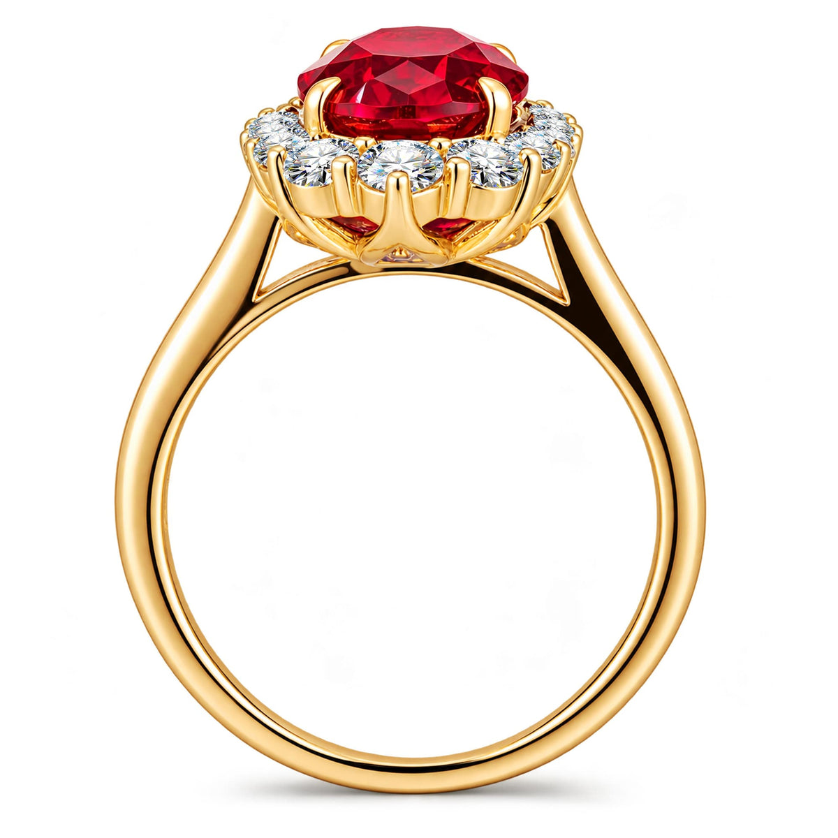 Oval Lab-Grown Ruby Halo Engagement Ring in 14K Yellow Gold Plated Silver