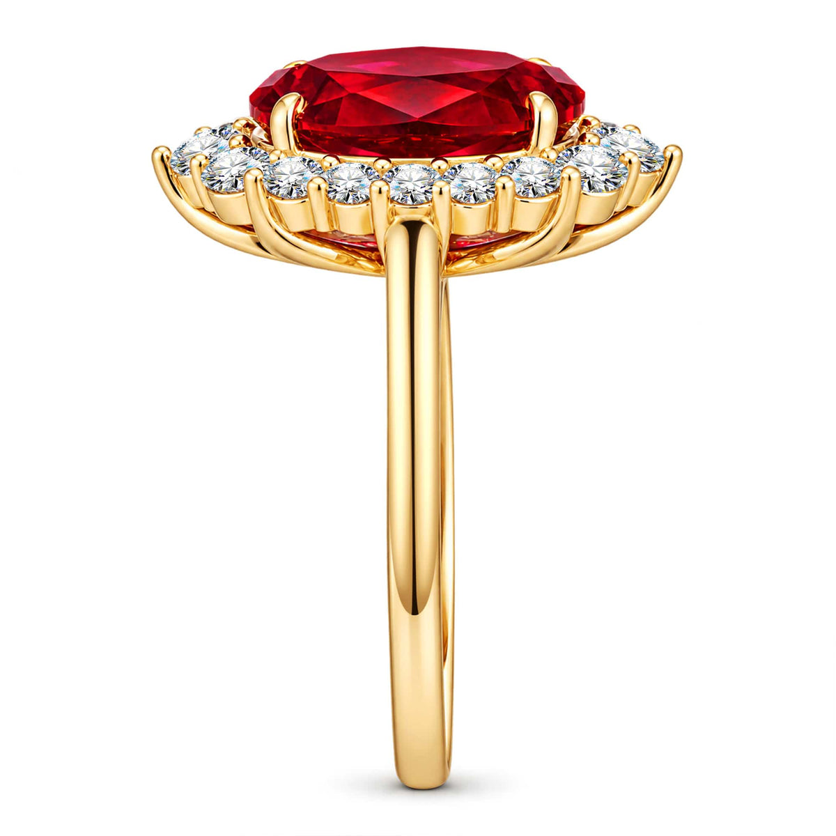 Oval Lab-Grown Ruby Halo Engagement Ring in 14K Yellow Gold Plated Silver