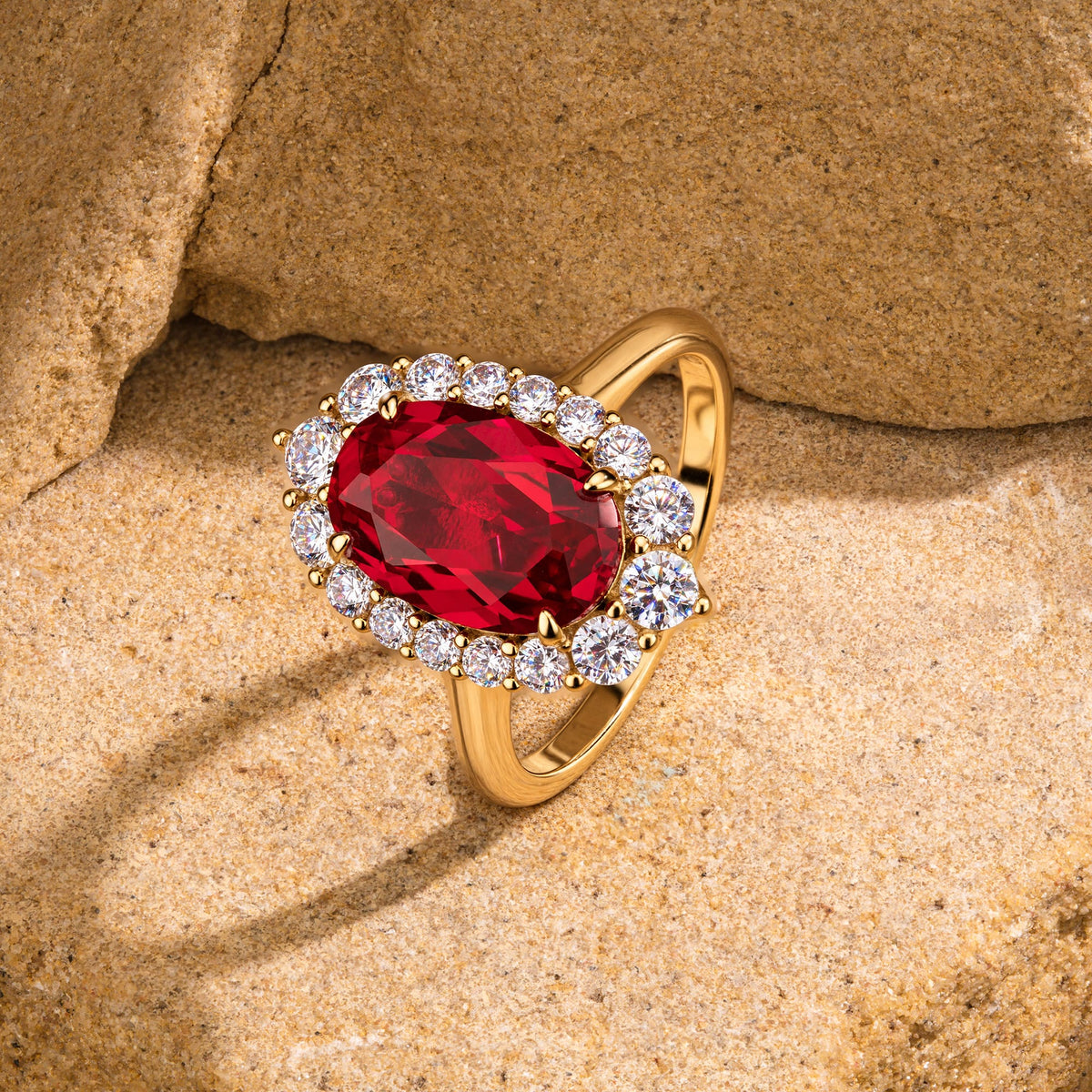 Oval Lab-Grown Ruby Halo Engagement Ring in 14K Yellow Gold Plated Silver