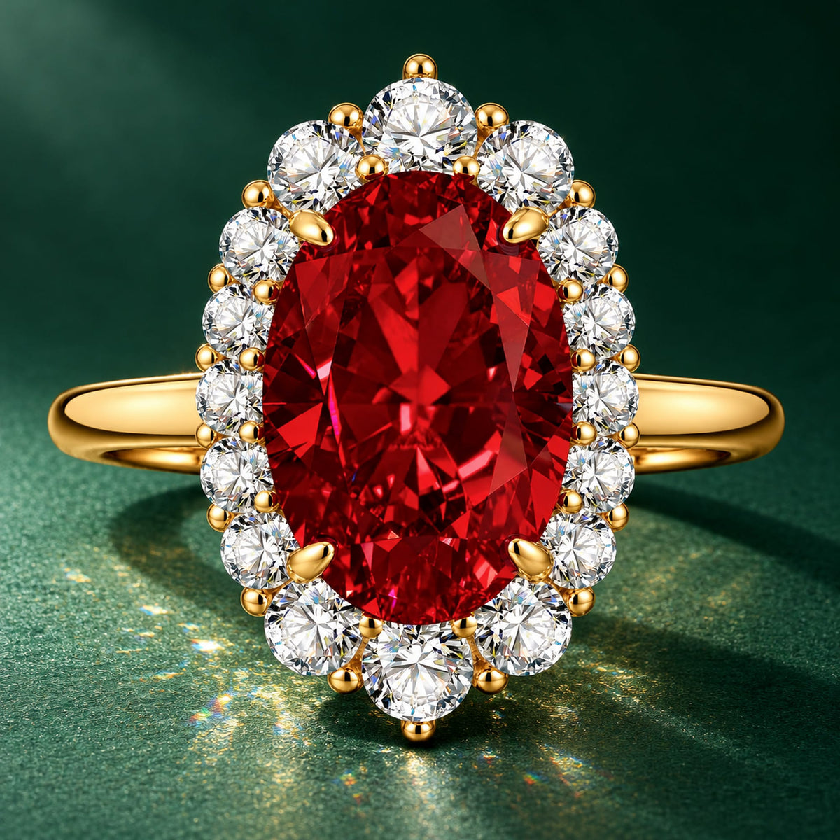 5.0 ct Oval Lab-Grown Ruby Halo Engagement Ring, Vivid Pigeon-Blood Red, Thick 14K Gold Plating over Tarnish-Resistant Silver, GRC Report Included — 40th Wedding Anniversary Gift