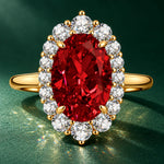 5.0 ct Oval Lab-Grown Ruby Halo Engagement Ring, Vivid Pigeon-Blood Red, Thick 14K Gold Plating over Tarnish-Resistant Silver, GRC Report Included — 40th Wedding Anniversary Gift