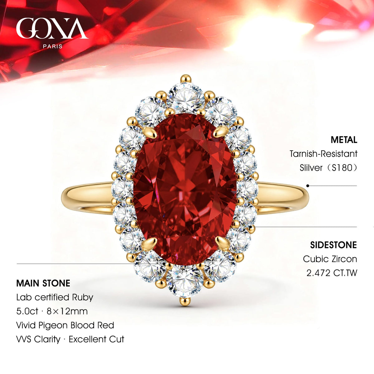 5.0 ct Oval Lab-Grown Ruby Halo Engagement Ring, Vivid Pigeon-Blood Red, Thick 14K Gold Plating over Tarnish-Resistant Silver, GRC Report Included — 40th Wedding Anniversary Gift