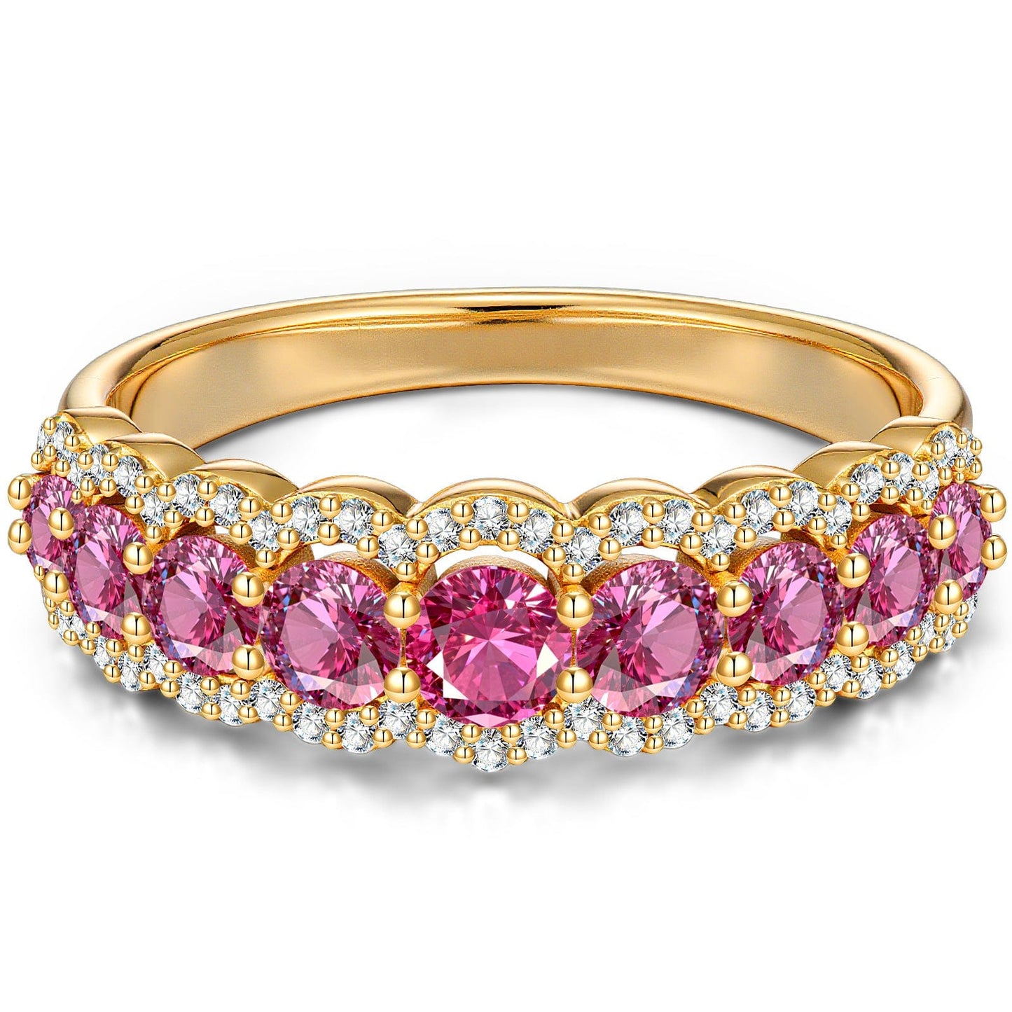 Round Brilliant Cut Fancy Vivid Rose Hue Lab-Certified Pink Sapphire - Half Eternity Ring 14K Yellow Gold Plated (Includes GRC Certification from Gemstone Research Center)