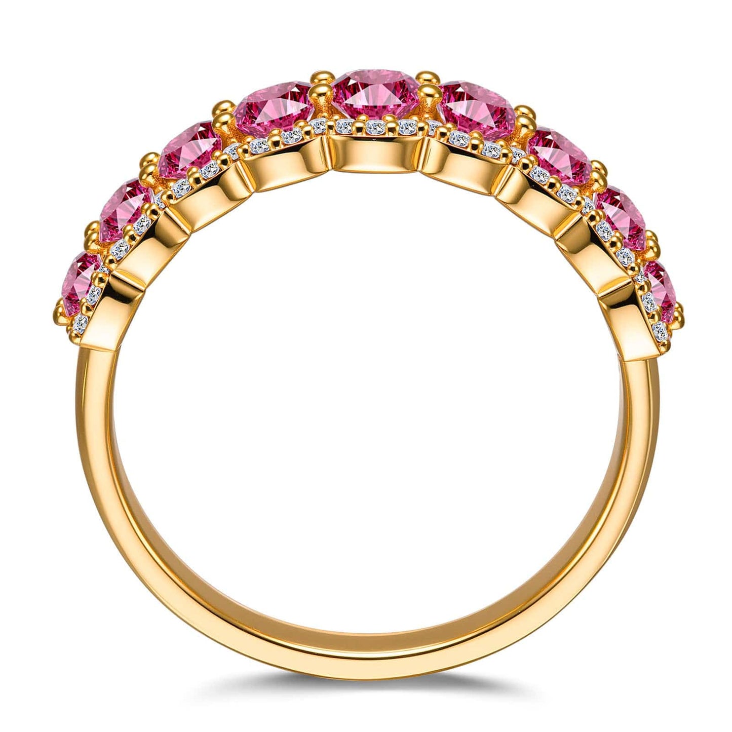 Round Brilliant Cut Fancy Vivid Rose Hue Lab-Certified Pink Sapphire - Half Eternity Ring 14K Yellow Gold Plated (Includes GRC Certification from Gemstone Research Center)