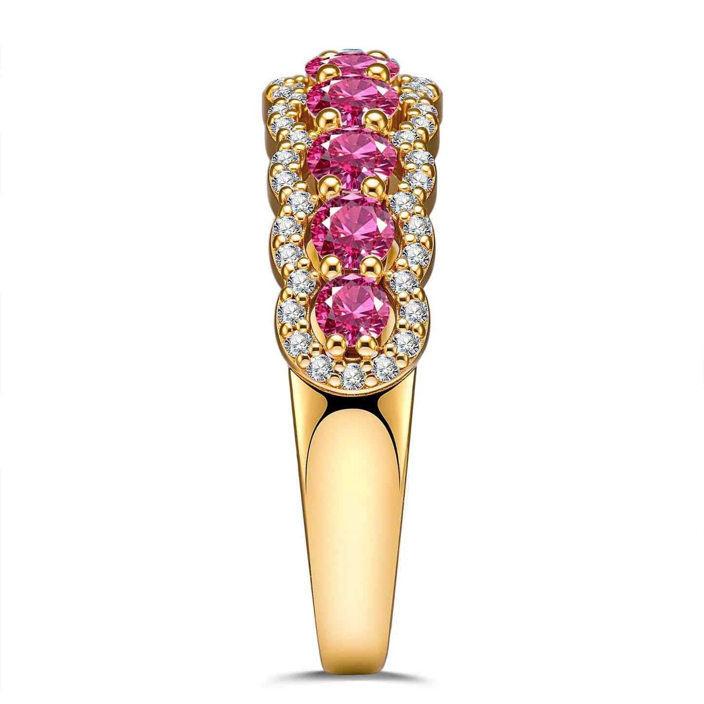 Round Brilliant Cut Fancy Vivid Rose Hue Lab-Certified Pink Sapphire - Half Eternity Ring 14K Yellow Gold Plated (Includes GRC Certification from Gemstone Research Center)