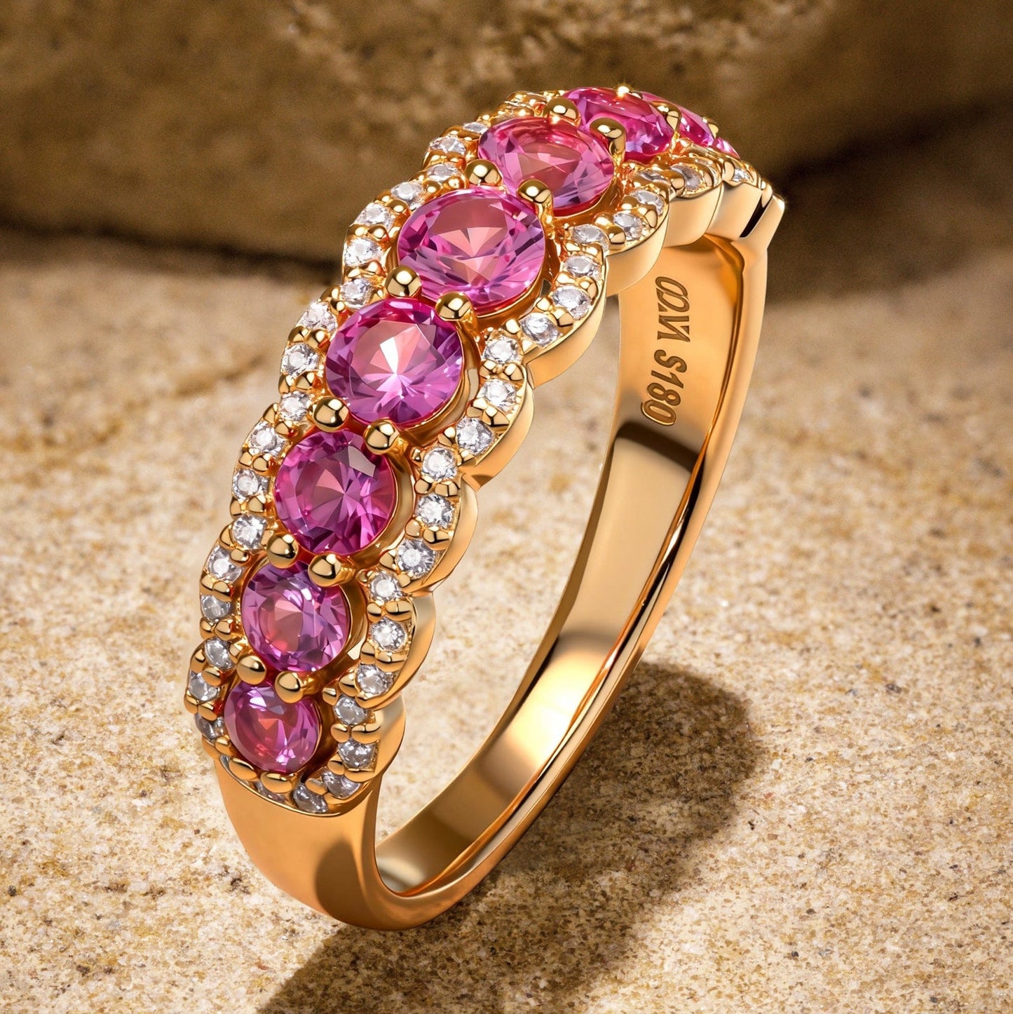 Round Brilliant Cut Fancy Vivid Rose Hue Lab-Certified Pink Sapphire - Half Eternity Ring 14K Yellow Gold Plated (Includes GRC Certification from Gemstone Research Center)