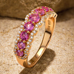 Round Brilliant Cut Fancy Vivid Rose Hue Lab-Certified Pink Sapphire - Half Eternity Ring 14K Yellow Gold Plated (Includes GRC Certification from Gemstone Research Center)