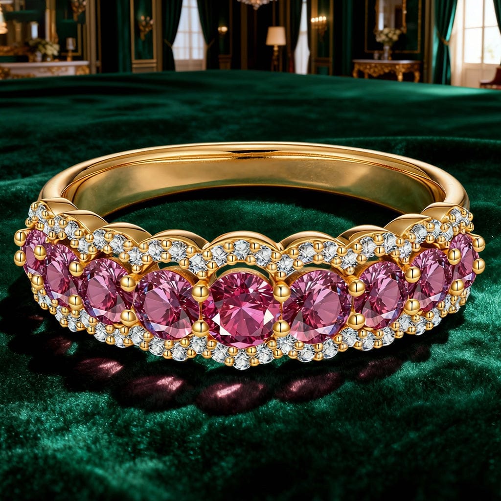 Round Brilliant Cut Fancy Vivid Rose Hue Lab-Certified Pink Sapphire - Half Eternity Ring 14K Yellow Gold Plated (Includes GRC Certification from Gemstone Research Center)