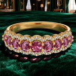 Round Brilliant Cut Fancy Vivid Rose Hue Lab-Certified Pink Sapphire - Half Eternity Ring 14K Yellow Gold Plated (Includes GRC Certification from Gemstone Research Center)