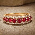 Round Brilliant Cut Vivid Pigeon Blood Red Lab-Certified Ruby - Half Eternity Ring 14K Yellow Gold Plated (Includes GRC Certification from Gemstone Research Center)