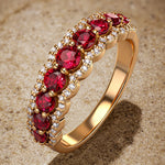 Round Brilliant Cut Vivid Pigeon Blood Red Lab-Certified Ruby - Half Eternity Ring 14K Yellow Gold Plated (Includes GRC Certification from Gemstone Research Center)