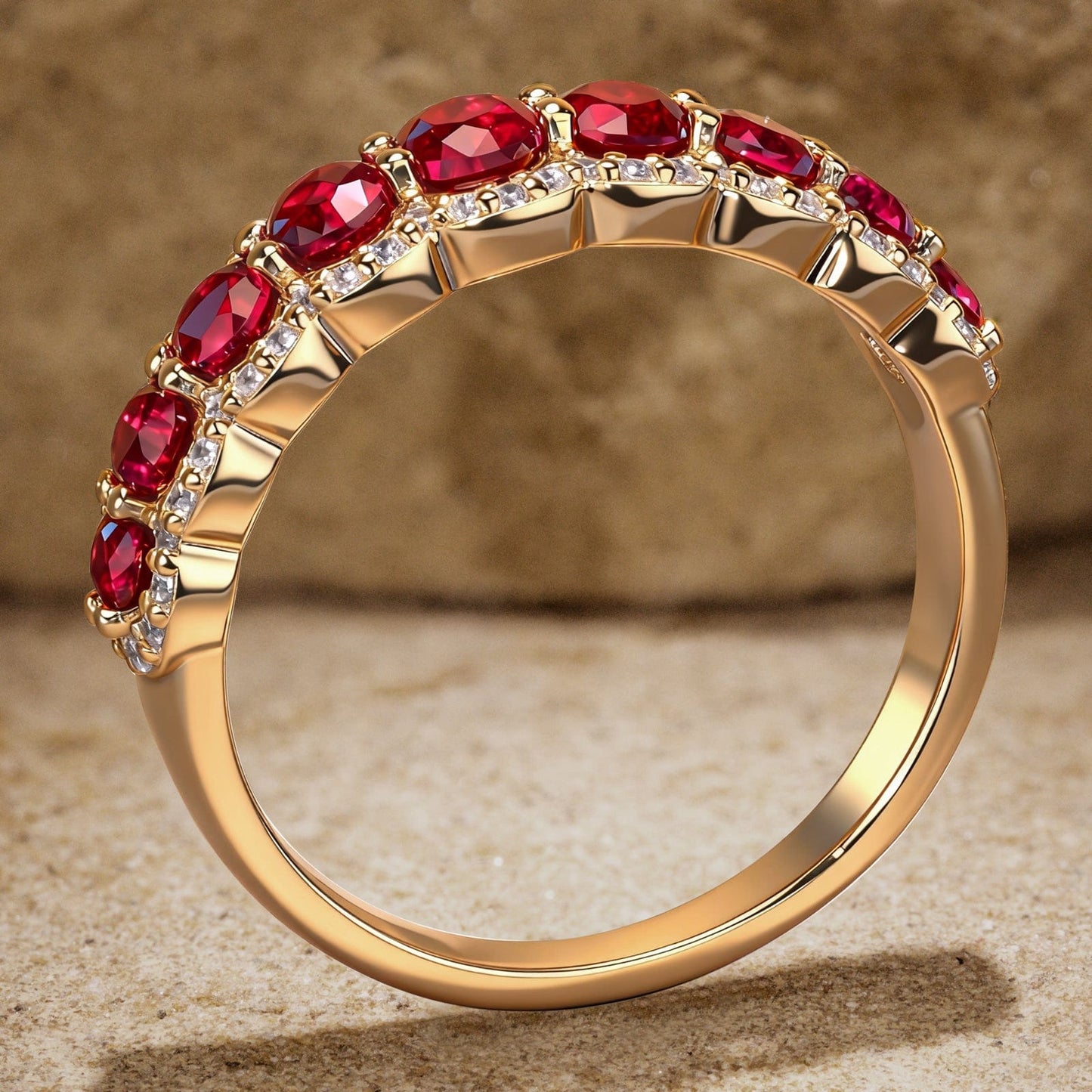 Round Brilliant Cut Vivid Pigeon Blood Red Lab-Certified Ruby - Half Eternity Ring 14K Yellow Gold Plated (Includes GRC Certification from Gemstone Research Center)