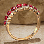 Round Brilliant Cut Vivid Pigeon Blood Red Lab-Certified Ruby - Half Eternity Ring 14K Yellow Gold Plated (Includes GRC Certification from Gemstone Research Center)
