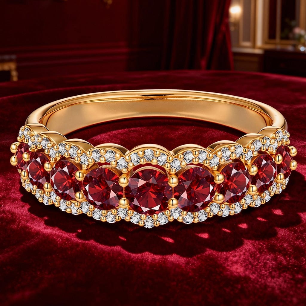 Round Brilliant Cut Vivid Pigeon Blood Red Lab-Certified Ruby - Half Eternity Ring 14K Yellow Gold Plated (Includes GRC Certification from Gemstone Research Center)
