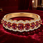 Round Brilliant Cut Vivid Pigeon Blood Red Lab-Certified Ruby - Half Eternity Ring 14K Yellow Gold Plated (Includes GRC Certification from Gemstone Research Center)