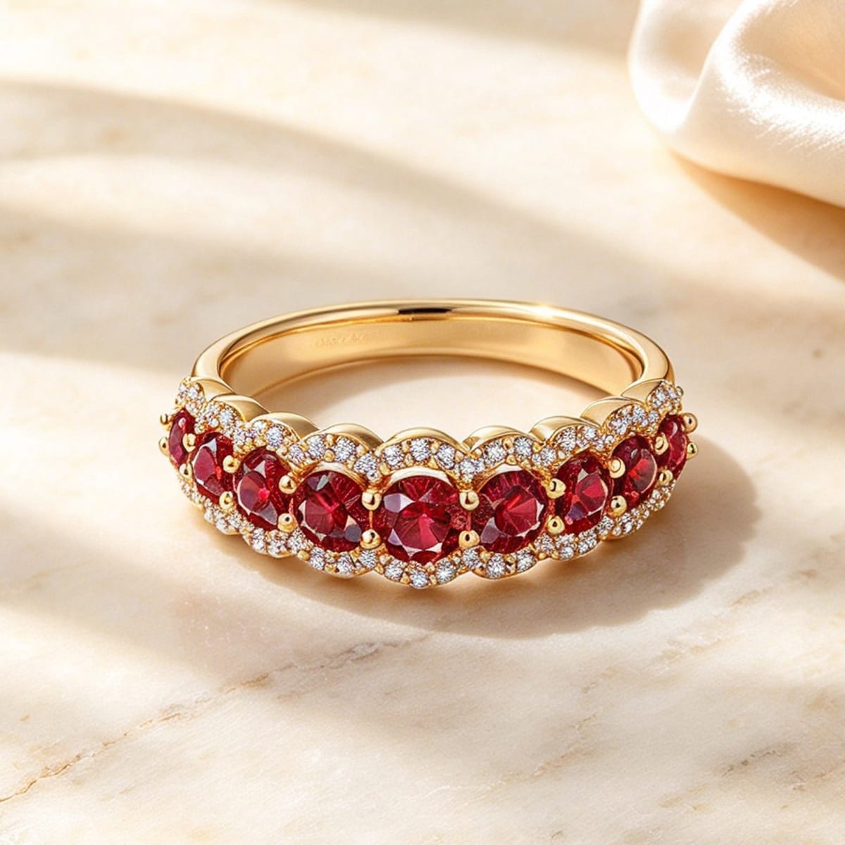 Round Brilliant Cut Vivid Pigeon Blood Red Lab-Certified Ruby - Half Eternity Ring 14K Yellow Gold Plated
