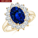 Lab-Grown Oval Brilliant Cut Blue Sapphire - Halo Classic Engagement Ring 14K Yellow Gold Plated