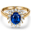 Lab-Grown Oval Brilliant Cut Blue Sapphire - Halo Classic Engagement Ring 14K Yellow Gold Plated (Includes GRC Certification from International Gemological Institute)