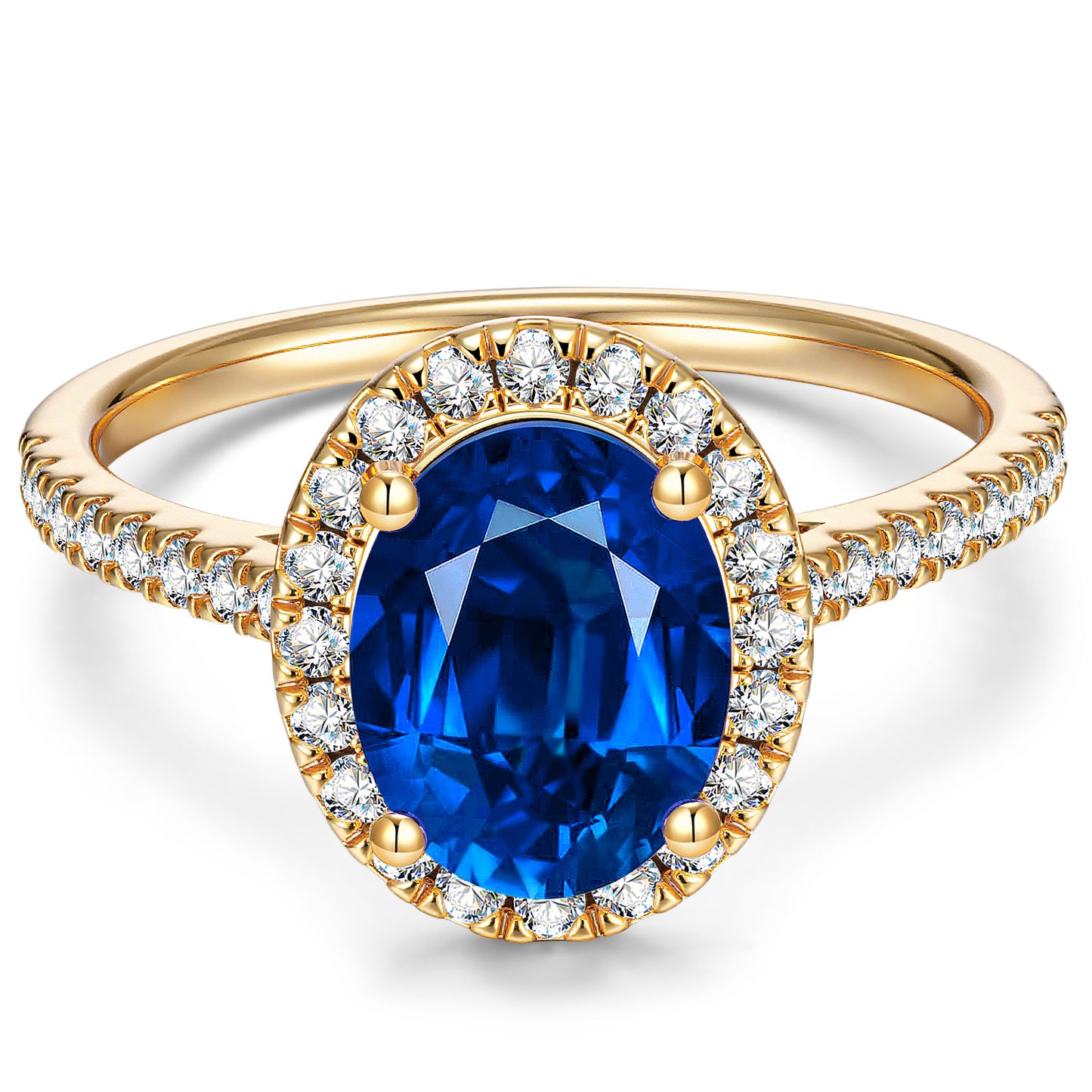 Lab-Grown Oval Brilliant Cut Blue Sapphire - Halo Classic Engagement Ring 14K Yellow Gold Plated (Includes GRC Certification from International Gemological Institute)