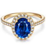 Lab-Grown Oval Brilliant Cut Blue Sapphire - Halo Classic Engagement Ring 14K Yellow Gold Plated (Includes GRC Certification from International Gemological Institute)