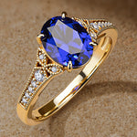 Lab-Grown Oval Brilliant Cut Blue Sapphire - Pave Classic Engagement Ring 14K Yellow Gold Plated (Includes GRC Certification from International Gemological Institute)