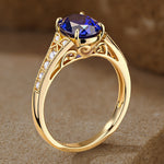 Lab-Grown Oval Brilliant Cut Blue Sapphire - Pave Classic Engagement Ring 14K Yellow Gold Plated (Includes GRC Certification from International Gemological Institute)