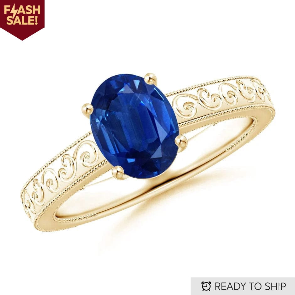 Lab-Grown Oval Brilliant Cut Blue Sapphire - Solitaire Classic Engagement Ring 14K Yellow Gold Plated