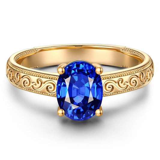 gon- Lab-Grown Oval Brilliant Cut Blue Sapphire - Solitaire Classic Engagement Ring 14K Yellow Gold Plated (Includes GRC Certification from International Gemological Institute)