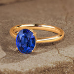 Lab-Grown Oval Brilliant Cut Blue Sapphire - Solitaire Classic Engagement Ring 14K Yellow Gold Plated